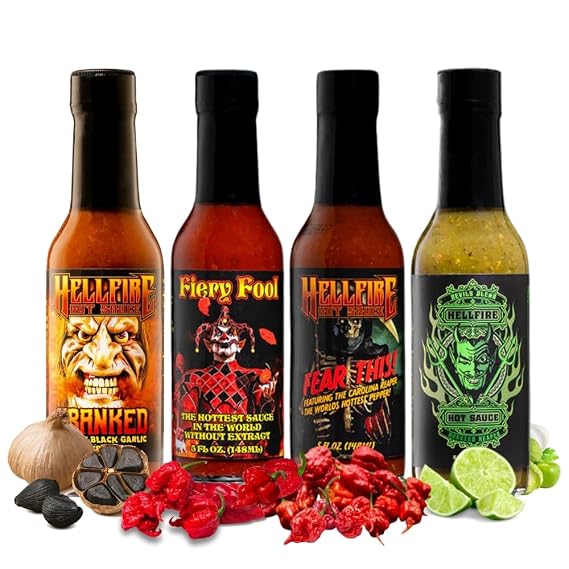 Hellfire Hot Sauce Hot Ones Gift Pack - Gourmet Hot Sauce Variety Pack With 4 Extreme Flavors Featured on Hot Ones TV Show Four 5 oz. Bottles