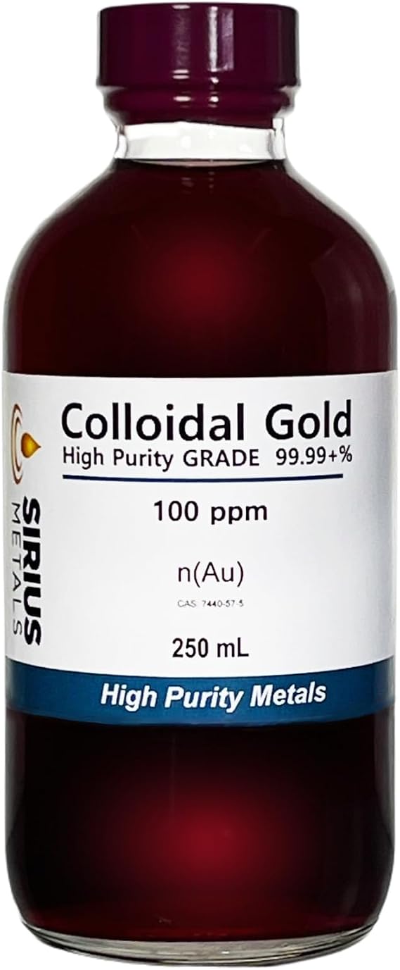 True Colloidal Gold (100 ppm) - 99.99+% Purity - 250 mL (8.45 Fl Oz) in a Clear Glass Bottle