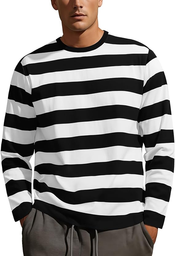 Zengjo Mens Striped T Shirt Long/Short Sleeve Cotton Stretch Crewneck | Casual tee,Regular fit