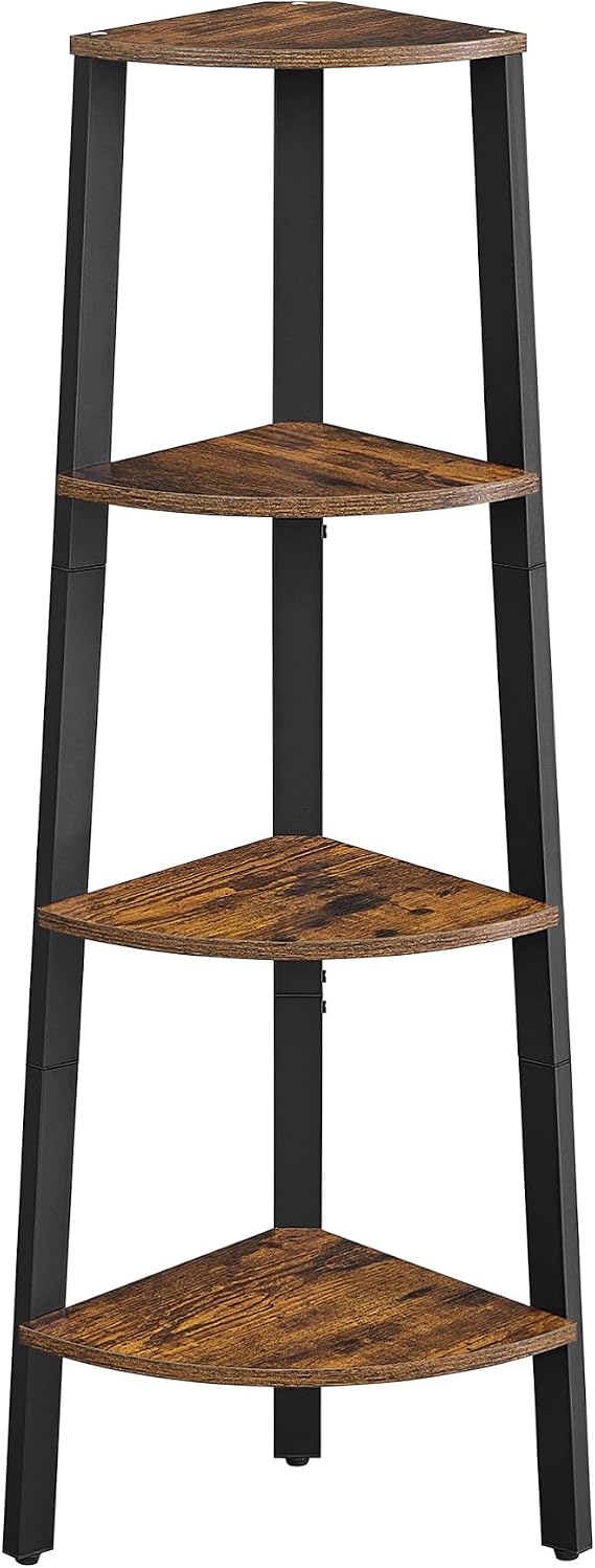 VASAGLE Corner Shelf Stand, 4-Tier Corner Bookshelf, Industrial Ladder Shelf, Plant Stand for Living Room, Office, Kitchen, Rustic Brown and Black ULLS34X
