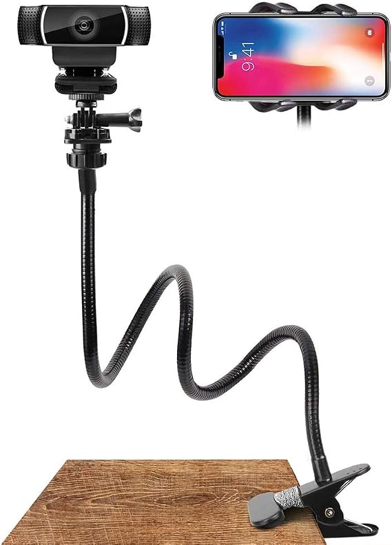 Cell Phone Stand Webcam Stand Phone Holder with Universal 1/4 Inch Screws Flexible Arm 360 Desk Bed Gooseneck Mount Stand for Cell Phone (Black)