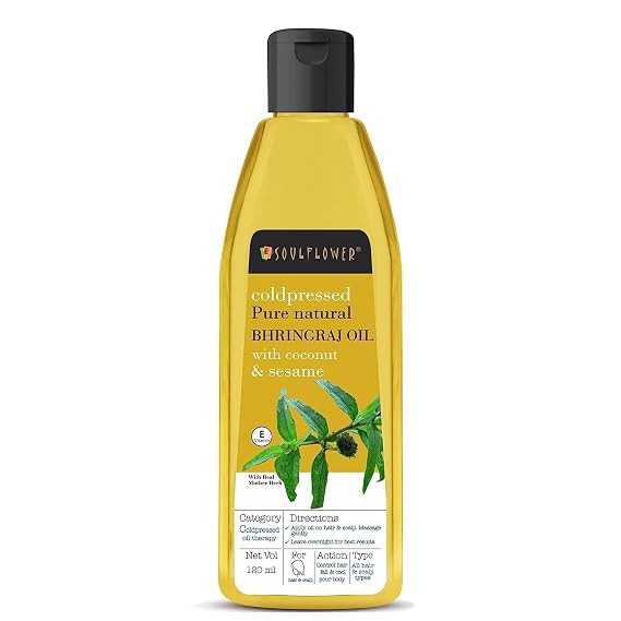 Soulflower Bhringraj Hair Oil | 100% Pure, Natural, Cooling Scalp | Coconut, Sesame | 120ml
