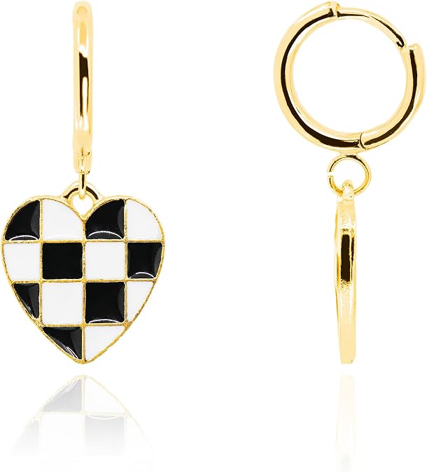 Checkerd Heart Dangle Earrings for Women White Black Square Striped Racing Flag Heart Charm Earrings 14K Gold Plated Huggie Hoop Jewelry Gifts [HER-CK]