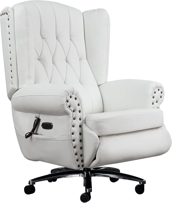Kinnls Mason Massage Executive Chair with Heating, Ventilation, Genuine Leather Power Recliner Chair with Footrest High-Back Home Office Desk Chair-Double Motor (White)