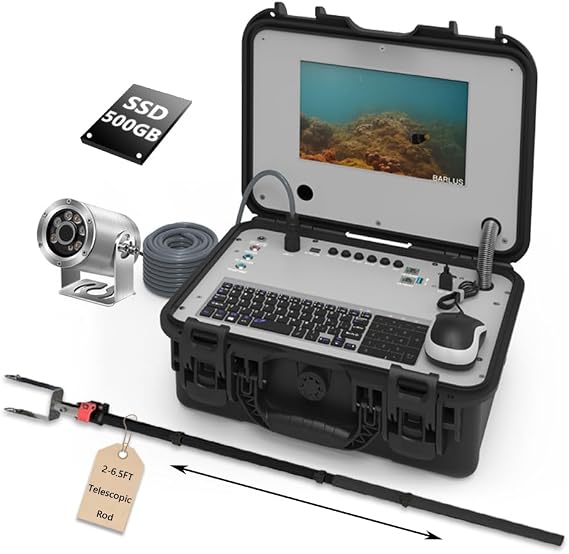 Barlus Underwater Video Camera Kit 2MP Waterproof Camera with 10'' IPC Display Portable PC Control System with 500GB SSD, 2m Telescopic Pole for Underwater inspections
