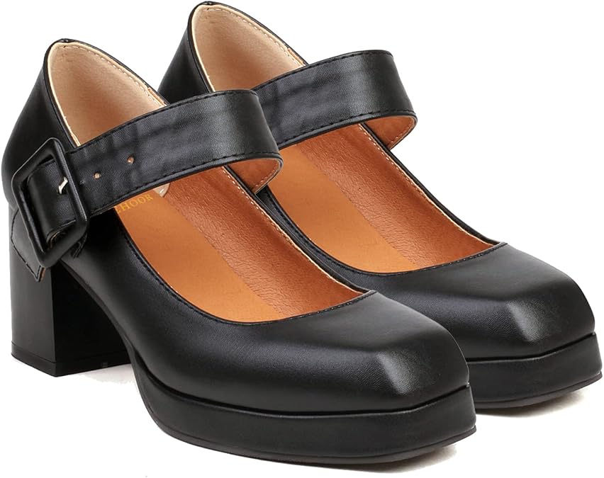 LEHOOR Women Chunky Platform Mary Jane Pumps Square Toe Buckled Ankle Strap 3" Block High Heels Mary Janes Lolita Shoes Goth Punk Heels Closed Toe Sandals Girls Office Work Fashion Trendy 4-15 M US