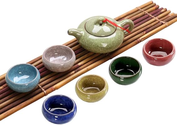 Colorful Ice Crack Glaze Porcelain Tea Set - Chinese Kung Fu Tea Service Utensil with Multi Color 6 Tea Cups(1.7oz) and Teapot(6.8oz)