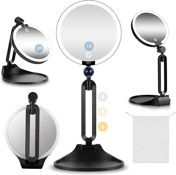 1X/20X Double-Sided Magnifying Mirror with Foldable Stand & Tray, 6 inch Desktop Makeup Mirror with Light, 20x Times Stronger Magnification for Close-up Makeup, 30X Travel Mirror (Black(1X/20X))