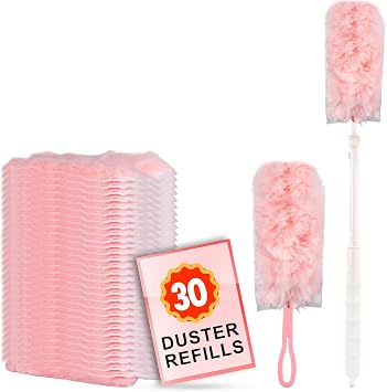 ITTAR 30 Count Duster Refill kit, Dust Cleaning Supplies with Extension Pole, Fan Feather Dusters with 2 Types Handle for Cleaning Home, Celling Fan, Blinds, Furniture, Vent & Shelves-Pink
