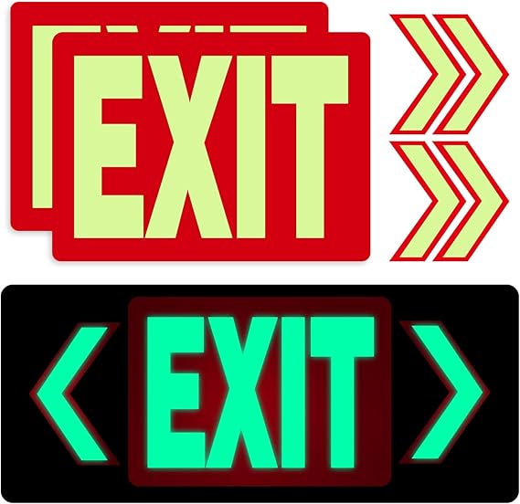 EXIT Sign Glow in the Dark Emergency Exit Sign, 2 Pack 10x7 Vinyl Stickers With 4 Directional Arrows Photoluminescent Signs, Visible Up To 8 Hours for Business, Office, School Soslina