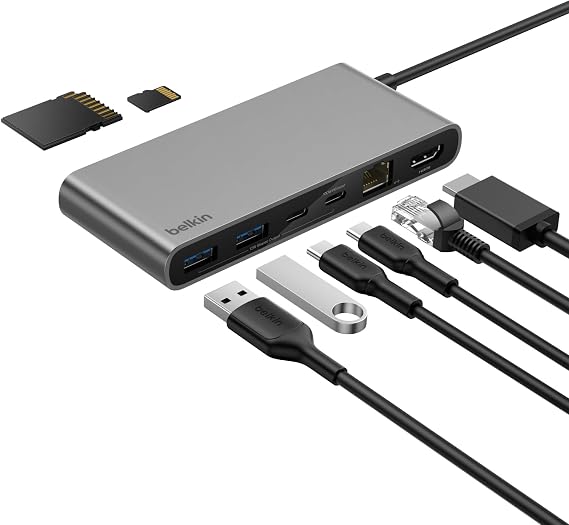 Belkin Connect 8 Portlu USB-C Hub, 4K@60Hz’e kadar çözünürlükleri destekleyen ekran uyumu, Mac, Windows ve Chromebook ile çalışır, 100 W PD, 10 Gbps veri aktarım hızı ve 2,5 Gbps Ethernet - Gri