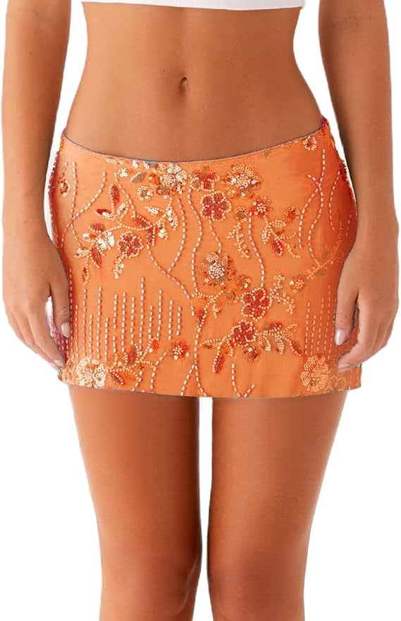 Women Y2k Sequin Mini Skirt Beaded Floral Embroidery Short Skirt Summer Rhinestone Glitter Night Out Clubwear