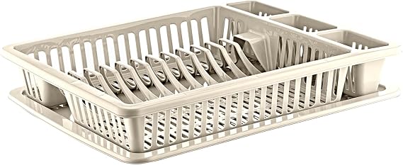Best House Dish Drainer Rack Large Plastic Dish Drainer Plate Cutlery Cup Holder with Drip Tray, Cutlery Rack Kitchen Sink Utensil, Food-Grade BPA-Free - Kitchen Organizer (Beige, Pack of 1)