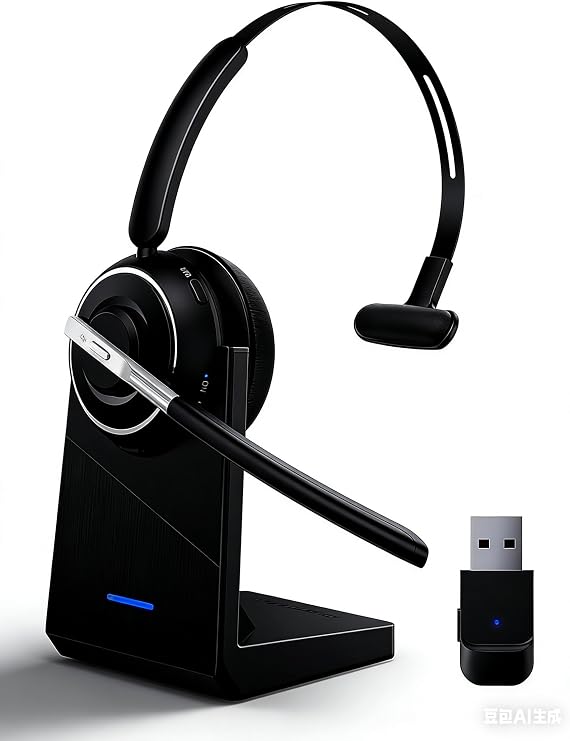 PrancyBt Wireless Headset, Bluetooth Headset with AI Noise Cancelling Mic, Bluetooth V5.2 Headphones with USB Dongle, Charging Base & Mic Mute for PC/Cell Phones/Call Center