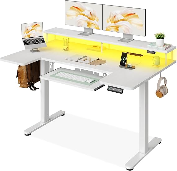 OffiGo U Shaped Height Adjustable Desk, 140 cm Electric Standing Desk with Monitor Stand, Sockets & USB Charging Station, White