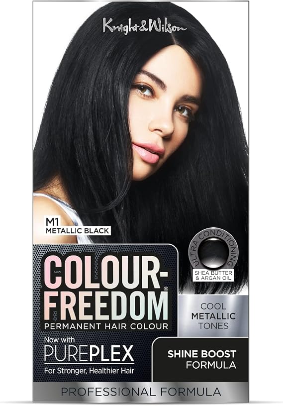 Colour Freedom Metallic Black Permanent Hair Dye with PurePlex. Ultra Glossy Conditioning Hair Colour. 100% grey coverage. By Knight & Wilson.