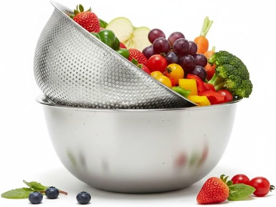 Stainless Steel Colander and Mixing Bowl Set (4.6 QT and 5.3 QT)