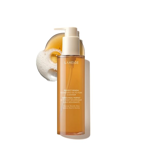 LANEIGE Perfect Renew Nourishing Oil-to-Foam Cleanser: 2-in-1 Anti-Aging Face Wash for a Radiant Glow to Remove Makeup, Sunscreen, Impurities