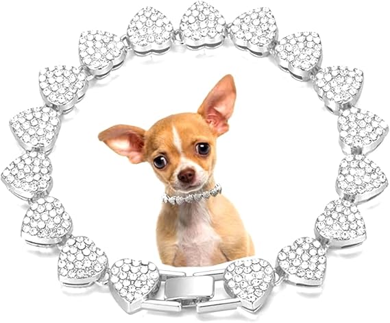 Dog Chain Collar, Heart Style Bling Diamond Cuban Link Dog Collars Glitter Chain Rhinestone Puppy Necklace for for XXS XS Small Medium Pet Dogs Cats (Silver, 14 Inch)