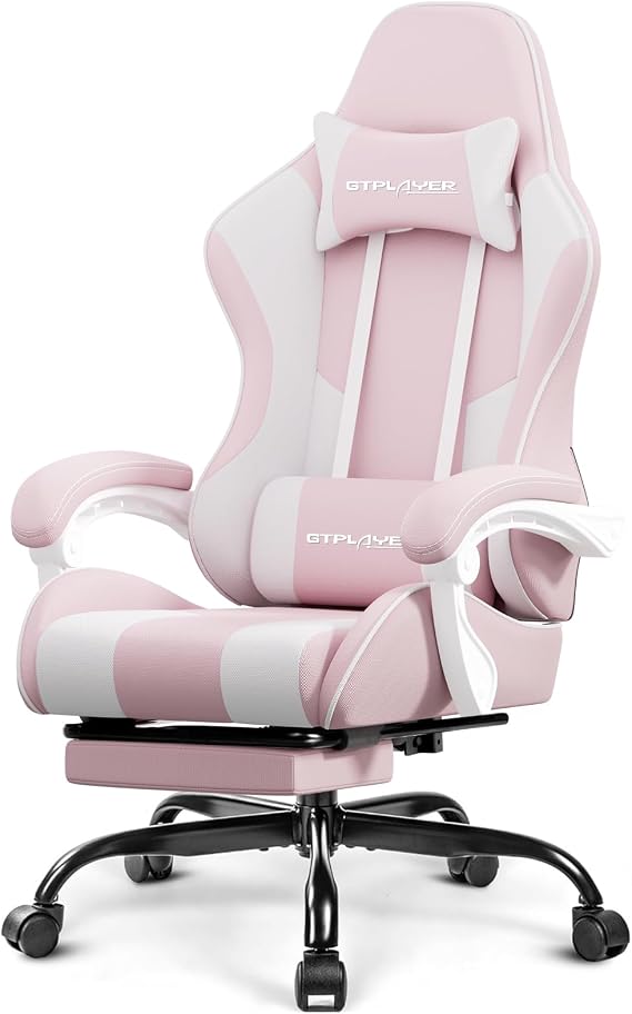 GTPLAYER Gaming Chair, Computer Chair with Footrest and Lumbar Support, Height Adjustable Game Chair with 360-Swivel Seat and Headrest and for Office or Gaming (Pink-Fabric)