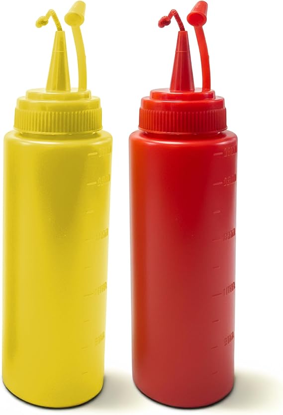 Fake Ketchup & Mustard Bottle | Prank Condiment Bottles | Clown Squirting Mustard & Ketchup Containers | Trick Ketchup & Trick Mustard Bottles | Fake Novelty Squirt Bottle | Red/Yellow | 7" | Plastic