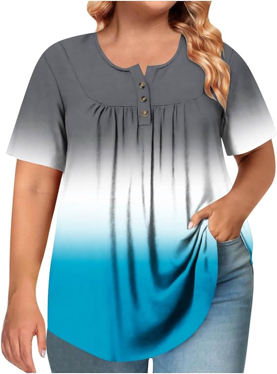 Womens Short Sleeve Shirts Casual Trendy Gradient Button Down Loose Oversized Tunic Tops Summer Plus Size Clothes