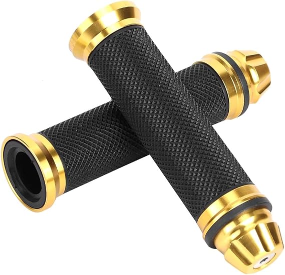 Motorcycle Handlebar Grips, Rubber Hand Grips with Aluminum End, Universal for 7/8"(22mm) Handle Bar(Gold)