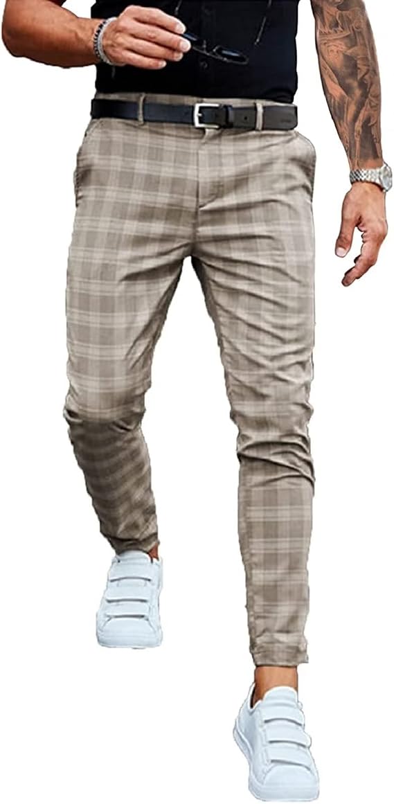 Men's Plaid Stretch Dress Pants Casual Slim Fit Striped Printed Stylish Skinny Pencil Business Long Pants with Pocket Dark Khaki 2XL