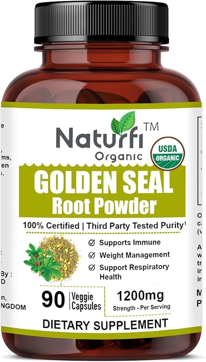 Naturfi Organic Goldenseal Root Capsules, 90 Capsules, USDA Organic, Lab Tested, Pure Natural Goldenseal Root Powder Supplement