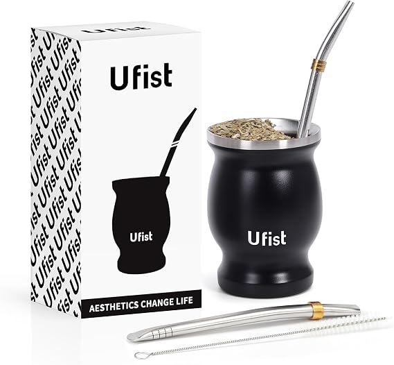 Yerba Mate Cup Set, Includes Stainless Steel Argentina Classic 8.4 oz Mate Gourd, 2pcs Bombilla Straws and Clean Brush (Black)