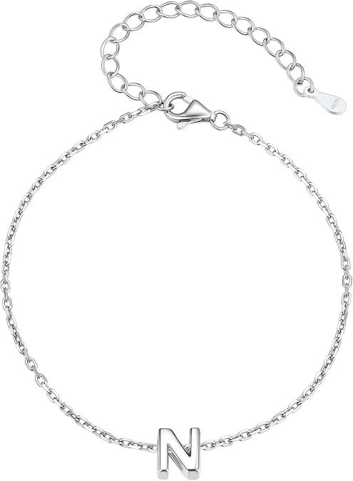 S925 Sterling Silver Initial Letter Bracelet - A to Z, 6.3" + 2" Adjustable Personalized 26 Alphabet Jewelry Initial Bracelet for Women