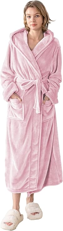 Robes for Women - Hooded Plush Fleece Bathrobe with Sash & Pockets, Full-Length Lightweight Spa Robe