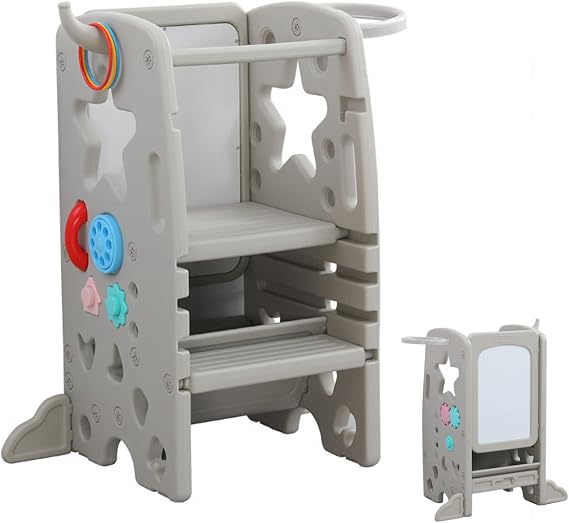 UNICOO Multifunctional Kids Step Stool w/Double Safety Rails, Height Adjustable, Toddler Tower for Kitchen Countertop and Bathroom w/Drawing Board & Storage (OMLT-Grey)