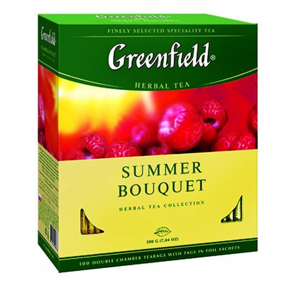 Greenfield Summer Bouquet Herbal Tea - 100 Individually Wrapped Tea Bags - Caffeine-Free Fruit Tea with Hibiscus, Rosehips, and Raspberry - Bright and Fruity Infusion - 7.05 oz