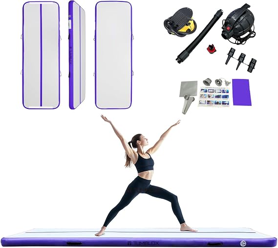 Air Gymnastics Mat Inflatable & Tumbling Mat 4/8 Inches Thick with Electric Pump + Free Foot Pump Ideal for Home, Gym, Water, and Beach Use