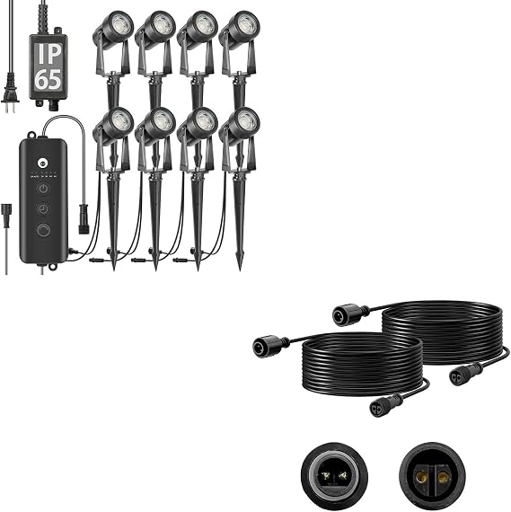 SUNTHIN 8 Pack Landscape Lighting with Dusk to Dawn Sensor Controller, Bundle with 2pcs 6.5FT Extension Cord