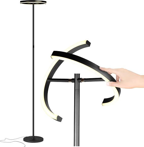 Brightech Halo Split Modern Bright LED Torchiere Floor Lamp for Offices - Dimmable, Tall Standing Lamp for Living Room or Bedroom - Adjustable Light w/Rotating Angles - Jet Black