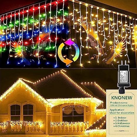 Christmas Lights Outdoor Color Changing 160 LED 16.4ft 9 Modes Curtain Fairy String Light with 64 Drops, Green Wire LED Lights for Wedding Party Holiday Christmas Decorations Warm White to Multicolor