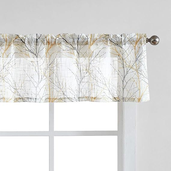 FMFUNCTEX Window Valance Curtains Yellow Grey Tree Branch Print on Semi Sheer White Short Valance for Kitchen Bathroom Rod Pocket Window Treatment 1 Panel, 50 x 15 Inches