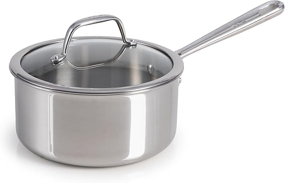 T-Fal Pro Tri-Ply Stainless Steel 2 qt Saucepan with Lid, Induction Pot | NSF-certified tri-ply build, Glass lid traps heat, Oven safe to 500 F, Built-in measuring marks, All cooktops compatible