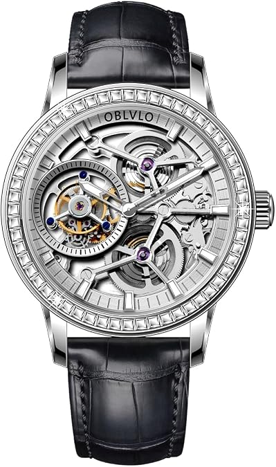 OBLVLO Luxury Skeleton Tourbllion Watch, Rose Gold Case, Brown Leather Band, Crystal Bezel, Mechanical Movement