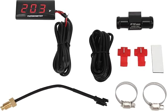 Motorcycle Digital Thermometer, DC 12V Ultra Thin Water Temperature Meter Gauge with 18mm Sensor Adapter and LCD Display, Digital Hygrometer Humidity Temperature Meter (Red)