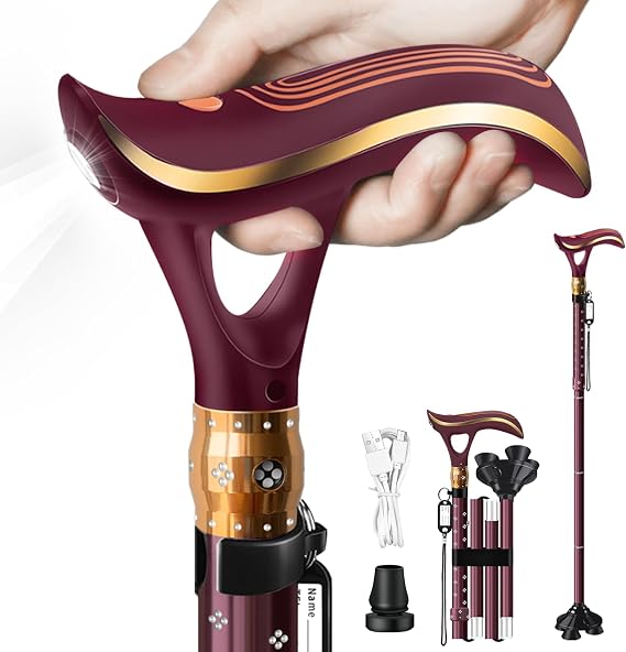 Folding Cane High-end Walking Cane for Men Women with Alarm&Light | with 360Adaptive All-terrain Shock-absorbing Base and USB Charging Adjustable Foldable Canes for Seniors, Light Portable