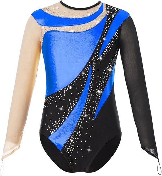 Gymnastics Leotards for Girls Girls Artistic Skating Costume Dance Leotards Long Sleeve(Blue,6)