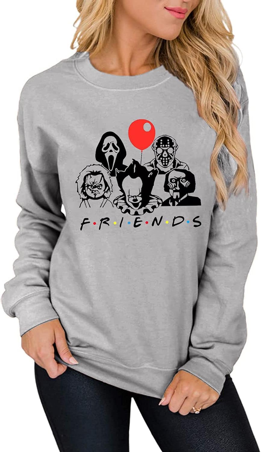 QIANRUO Halloween Horror Movies Sweatshirt Women Novelty Graphic Tee Shirt Casual Fall Long Sleeve Pullover Tops XXL, Gray