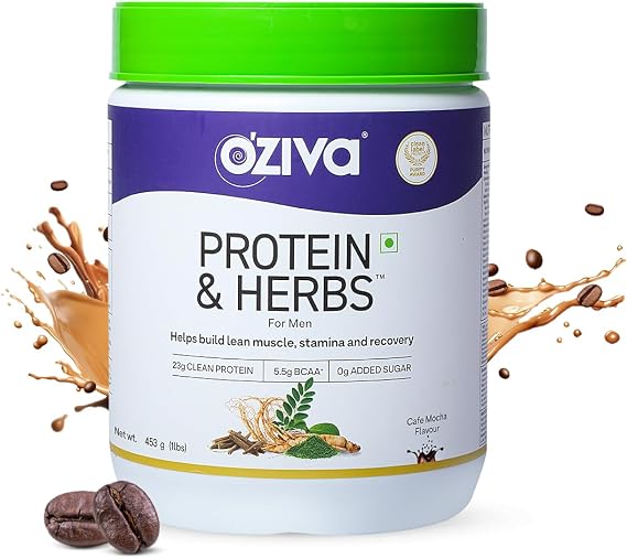 OZiva Protein & Herbs, Men with Multivitamins,Ashwagandha,Brahmi,Maca, Musli for Improved Stamina, Lean Muscles & Recovery 1.1 lbs, Cafe Mocha. Soy Free, Gluten Free, Non GMO