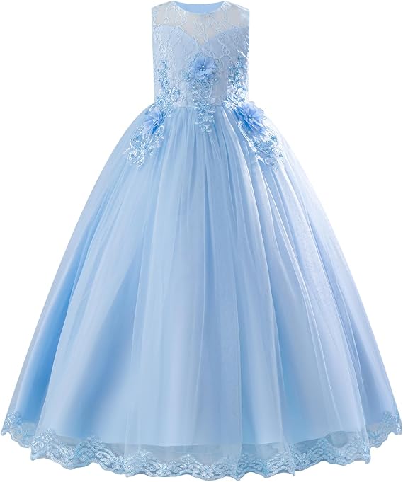 IDOPIP Flower Girl Lace Dress for Kids Wedding Pageant Formal Party Long Gown Princess First Communion Maxi Tulle Dresses
