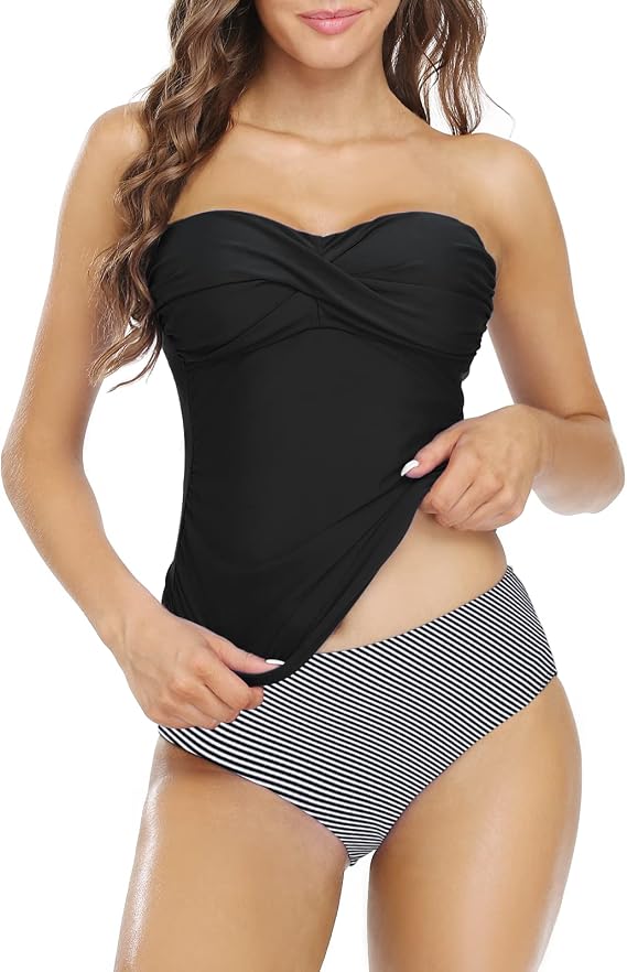 Mycoco Women Tummy Control Strapless Tankini Swimsuits Halter Two Piece Bathing Suits
