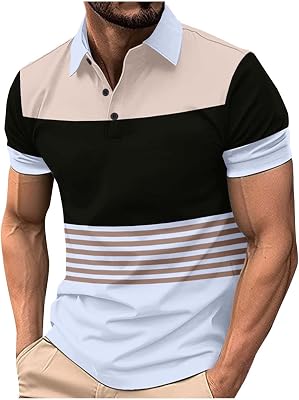 Sinzelimin Shirts for Men Graphic Tees Fashion Color Block Striped Button up Lapel Short Sleeves Loose Comfy Henley T-Shirts