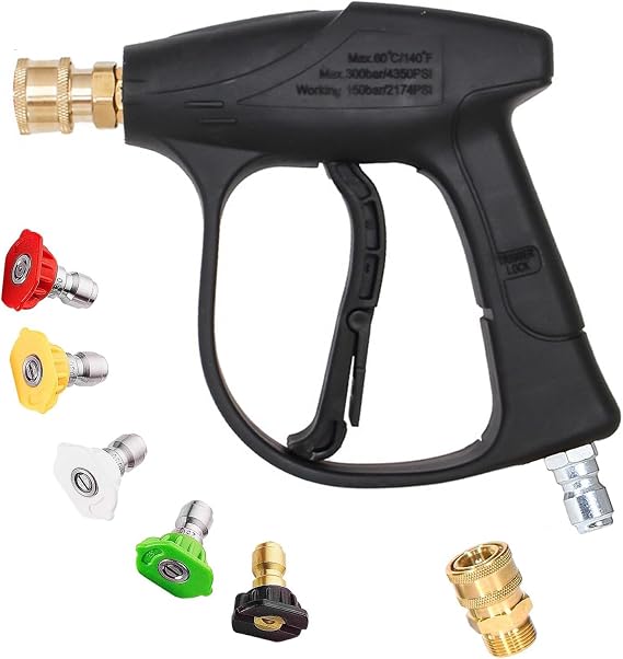 Pressure Washer Short Gun, 4350 PSI High Power Washer Spray Gun with 3/8'' Quick Connect and M22-14mm Adapter, Pressure Washer Handle with 5 Pressure Washer Nozzle Tips for Foam Cannon Gun Car Wash